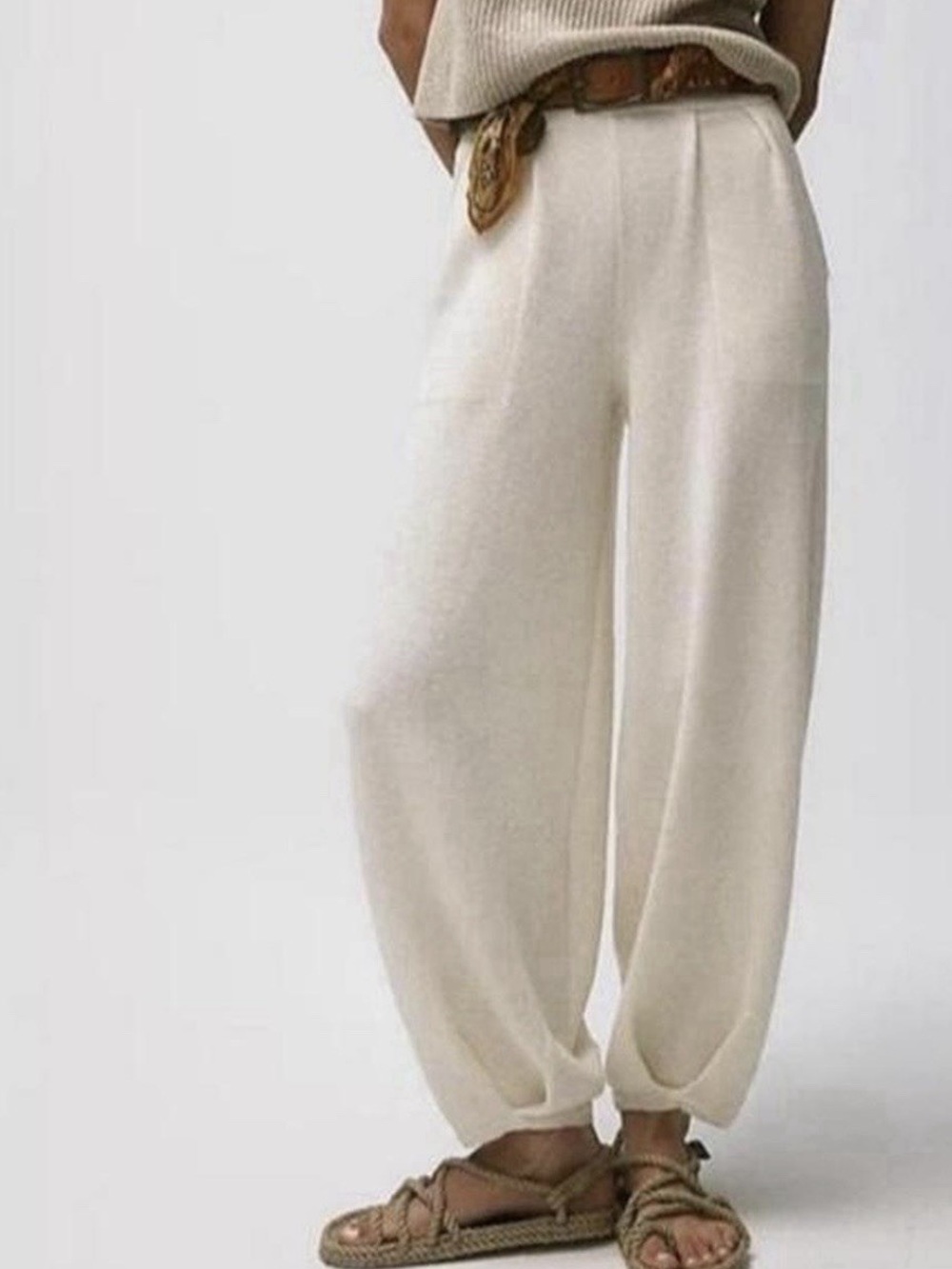 FP Beach Wide-Leg Cream Knit Barrel Linen Blend Pants β